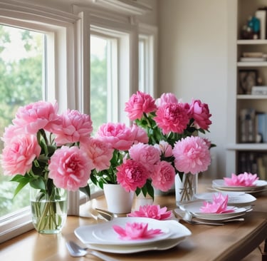 paper dahlias and peonies on table