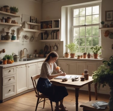 woman sat at kitchen writing with artifical plants in kitchen
