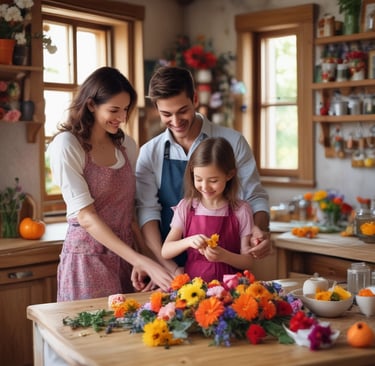 young daughter preparing edible flowers in kitchen while parents look on