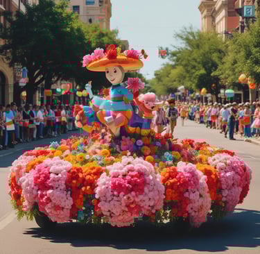 colorful flower floats at flowers parade