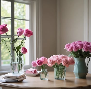 paper roses in shades of pink on display in home