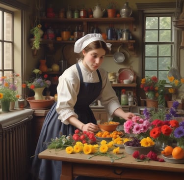 edible flowers 101 - woman using edible flowers in 19th century scene