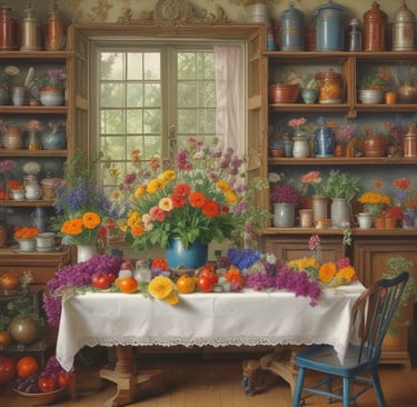19th century art of edible flowers on kitchen table