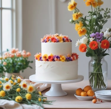 a two tier white cake decorated with flowers