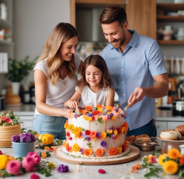 daughter of happy family cutting cake