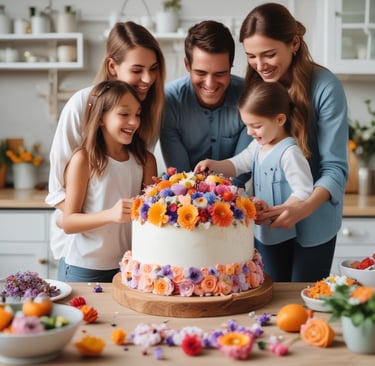 young daughters decorate a cake flowers 