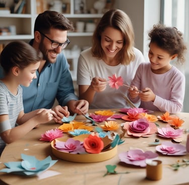 happy family making DIY paper flowers on table