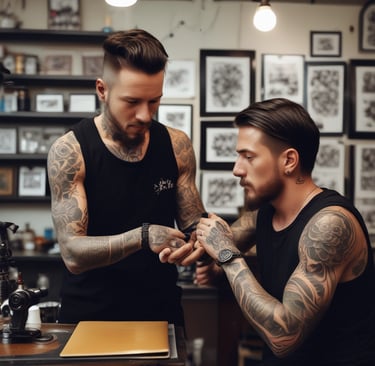 male tattoo artists looking at tattoos