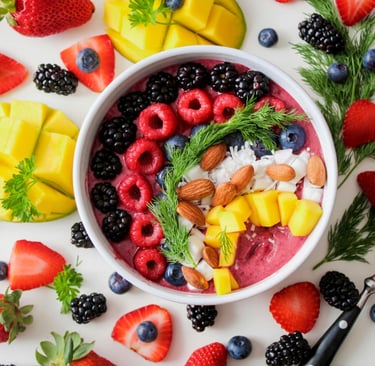 En la imagen está un plato saludable de comida que incluye, yogurt, bayas, almendras y frutos rojos