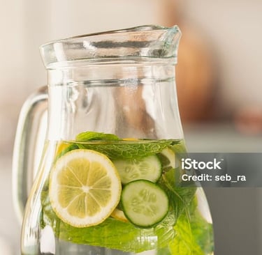 a pitcher of water with slices of cucumber in a pitcher