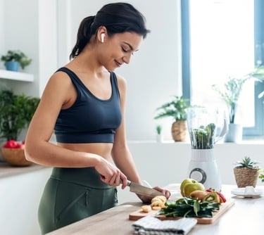 an athletic young lady making breakfast
