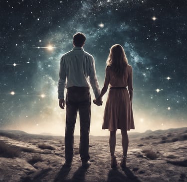 man and woman holding hands looking at the universe