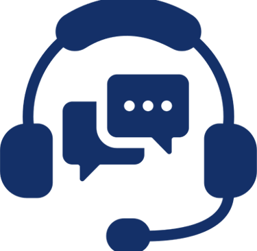 a blue and white icon with a headset and a microphone