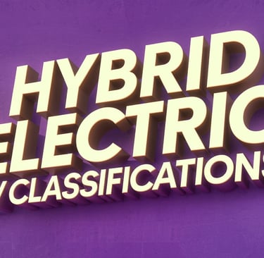 A vibrant purple background with bold, 3D golden text that reads 'Hybrid Electric EV Classifications