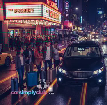 a group of young people in front of a uber minivan on a busy night