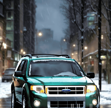 a Ford Escape parked in the snow with a car in the background