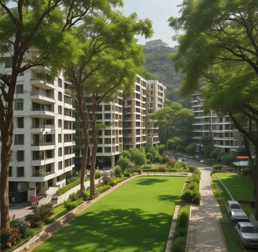 A luxurious residential area featuring a villa with a tile roof surrounded by palm trees and lush landscaping. In the background, a tranquil lake reflects the clear blue sky, and mountains rise up in the distance, creating a serene and picturesque setting.