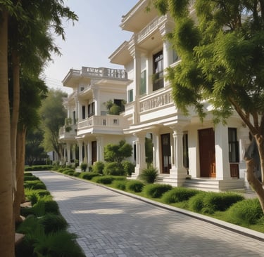 A serene landscape featuring a modern white house nestled among large, leafy trees. The sunlight filters through the canopy, casting dappled patterns on the ground, which is covered in lush green grass. The atmosphere is tranquil, suggesting a peaceful, secluded setting.