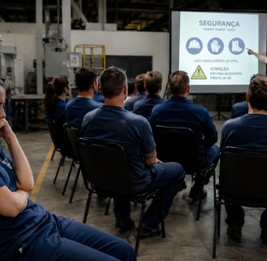 funcionários da fabrica recebendo treinamento de segurança uma funcionaria surda sem entender nada