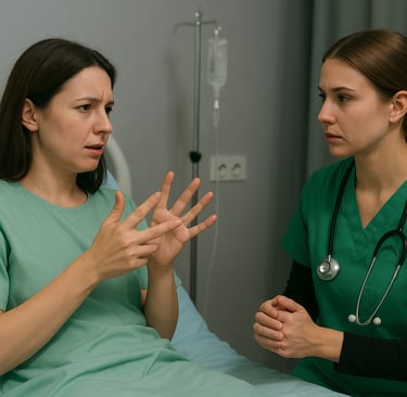 Alt= mulher surda explica em sinais o que sente para a mulher médica