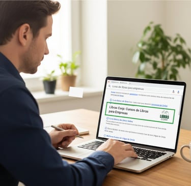 Alt= Homem usando notebook pesquisando por curso de libras para empresas