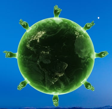 Planeta terra em verde com várias mãos fazendo sinais num céu azul