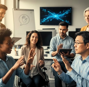 Alt= homens e mulheres de varias idades e etnia conversando em LIBRAS