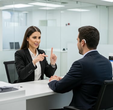 Alt=  homem surdo usando aparelho auditivo mulher explica usando Libras