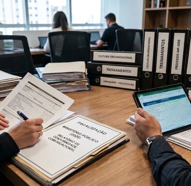 mesa com vários documentos fiscais uma mulher ficalizando com a ajuda de um homem