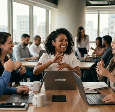 5 pessoas diversas sentados em volta a uma mesa fazendo Libras todos felizes