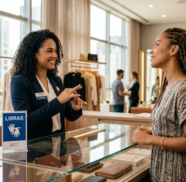 Loja de artigos femininos mulher atendendo cliente surda usando Libras