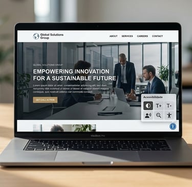 Notebook exibindo site corporativo com widget de acessibilidade digital ativo na tela.