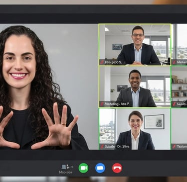 mulher de cabelos cacheados sorrindo na tela do computador junto com outras seis pessoas