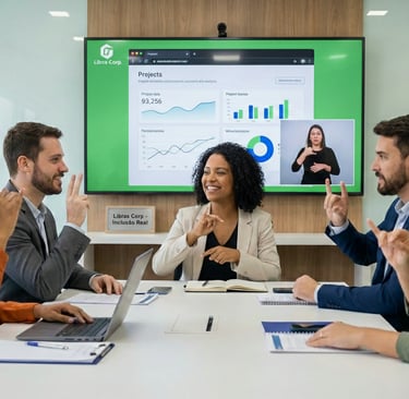Equipe corporativa sorridente em reunião sinalizando em Libras, com tela ao fundo exibindo gráficos