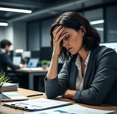 Gestora do RH debruçada sobre a mesa cansada devido a falta de comunicação