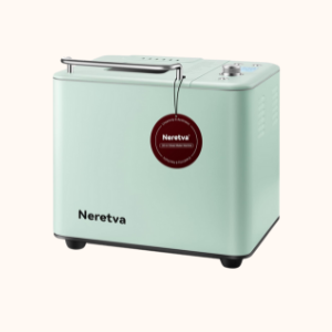 A mint green Neretva toaster with a metal handle, temperature dial