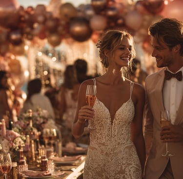 A joyful couple, in elegant wedding attire, smiles and toasts with champagne. 