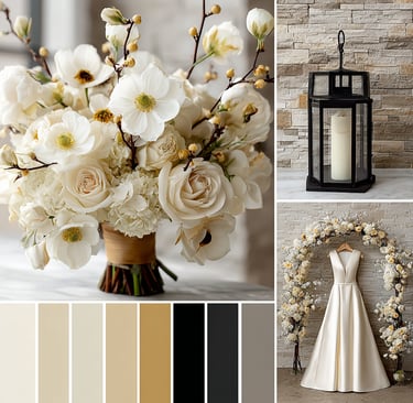 Elegant wedding theme with ivory floral bouquet, a cream-colored wedding dress, and black lantern 