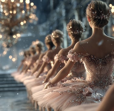 Ballerinas in intricate, pink tutus stand in line inside an ornate, chandelier-lit hall.
