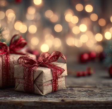 Rustic Christmas scene with burlap-wrapped gifts tied with red ribbons on a wooden surface.