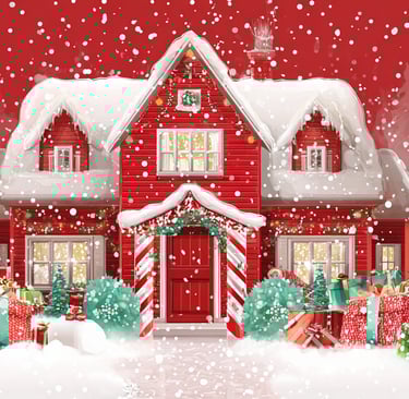 Cozy red Christmas cottage covered in snow, surrounded by decorated pine trees and colorful gift box