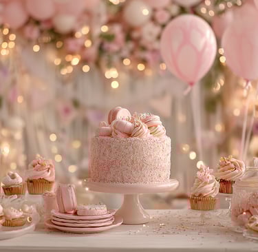 A pastel pink dessert table featuring a sprinkle-topped cake, cupcakes, macarons, and flowers. Soft