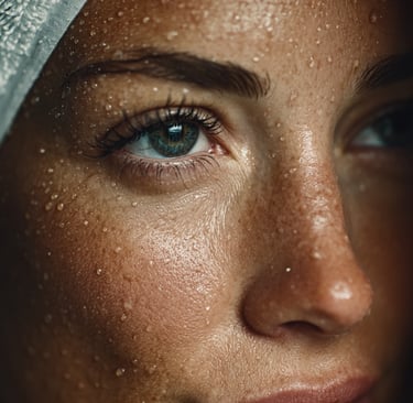 Close-up of a person's face with water droplets on the skin, wrapped in a towel. 