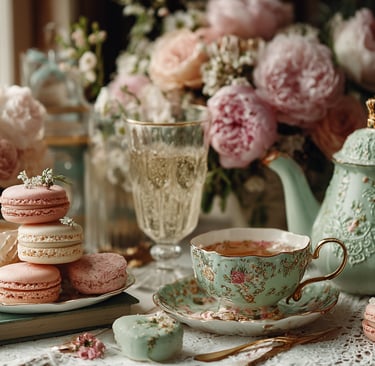 Vintage tea set with floral patterns, pink and white macarons on a lace tablecloth