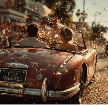 "Newlyweds drive away in a vintage convertible with a 'Just Married' sign.