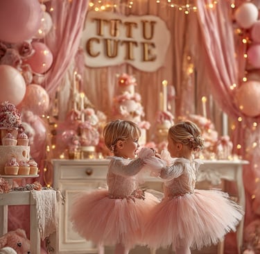 Two young children in pink tutus dance in a festive room adorned with pink balloons, cupcakes, and t