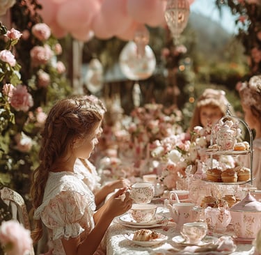 A young girl sits at an ornate outdoor tea party, surrounded by floral decor and pink balloons,
