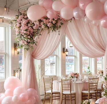 Elegant wedding setup with pink balloon arch and floral arrangements over a table. Soft drapes, wood