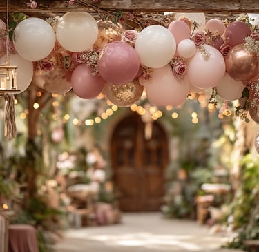 Romantic archway decorated with pink, white, and rose gold balloons, intertwined with roses and soft