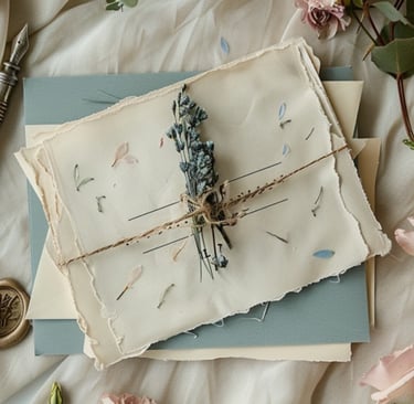 Delicate stationery on white fabric, tied with twine and dried flowers. Nearby are pink roses